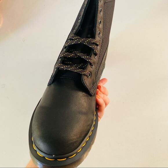 NEW DR DOC MARTENS Black Leather Canvas Panel Inset Lace Up Combat Ankle Boot 9